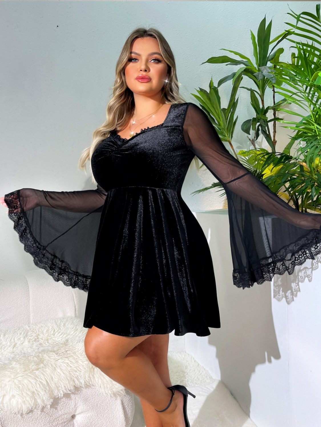 Plus Size Womens Retro Gothic A-line Dress With Flared Sleeves